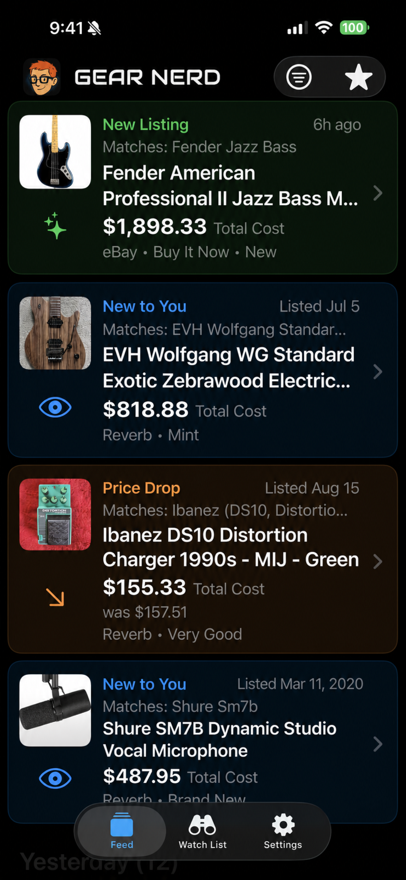 Gear Nerd Feed showing a bass, EVH guitar, effects pedal, and microphone across New Listing, New to You, and Price Drop cards
